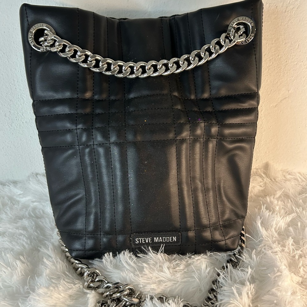 Steve Madden Black Quilted Shoulder Tote with Silver Chain